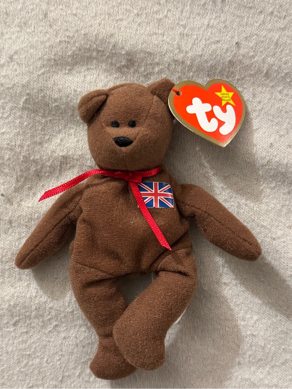 Ty Brown Bear Plush with Red Ribbon and Union Jack Patch